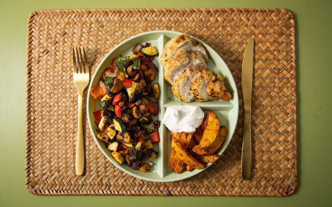 3-Fach-Teller mit Hühnchenbrust, Kartoffelspalten, Kräuterquark