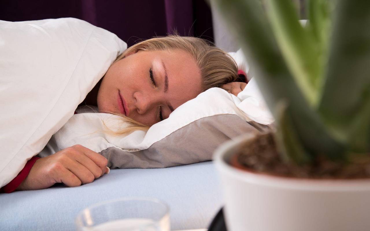 Eine Frau schläft in einem Bett